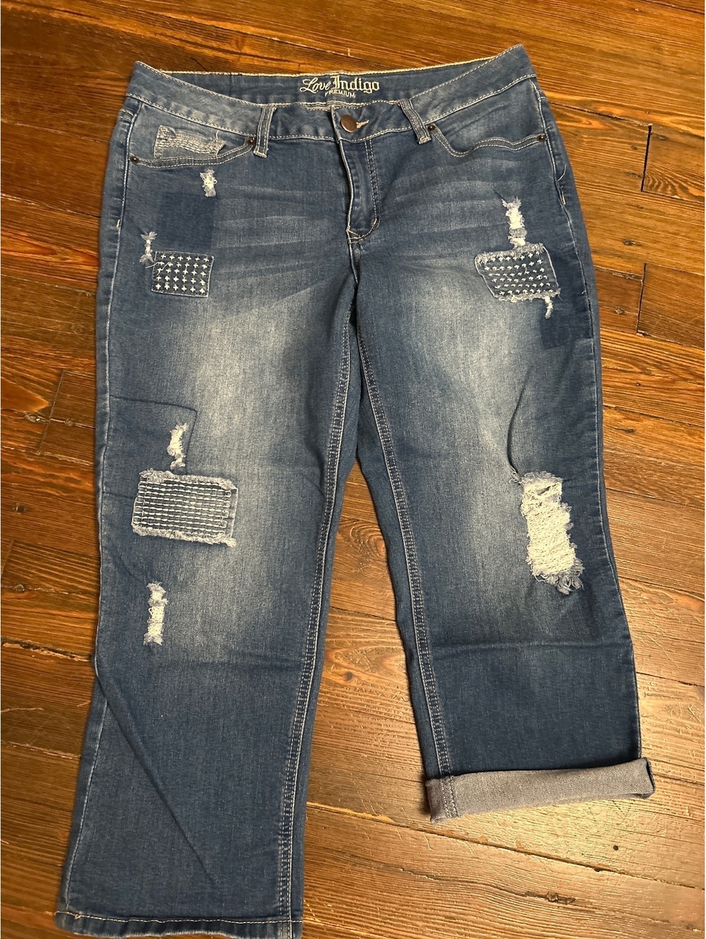 Love Indigo Premium Distressed Blue Denim Jeans with Patchwork Detail